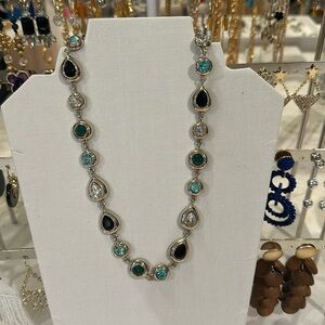 White House Black Market Gold-Tone Necklace with Black and Teal Stones